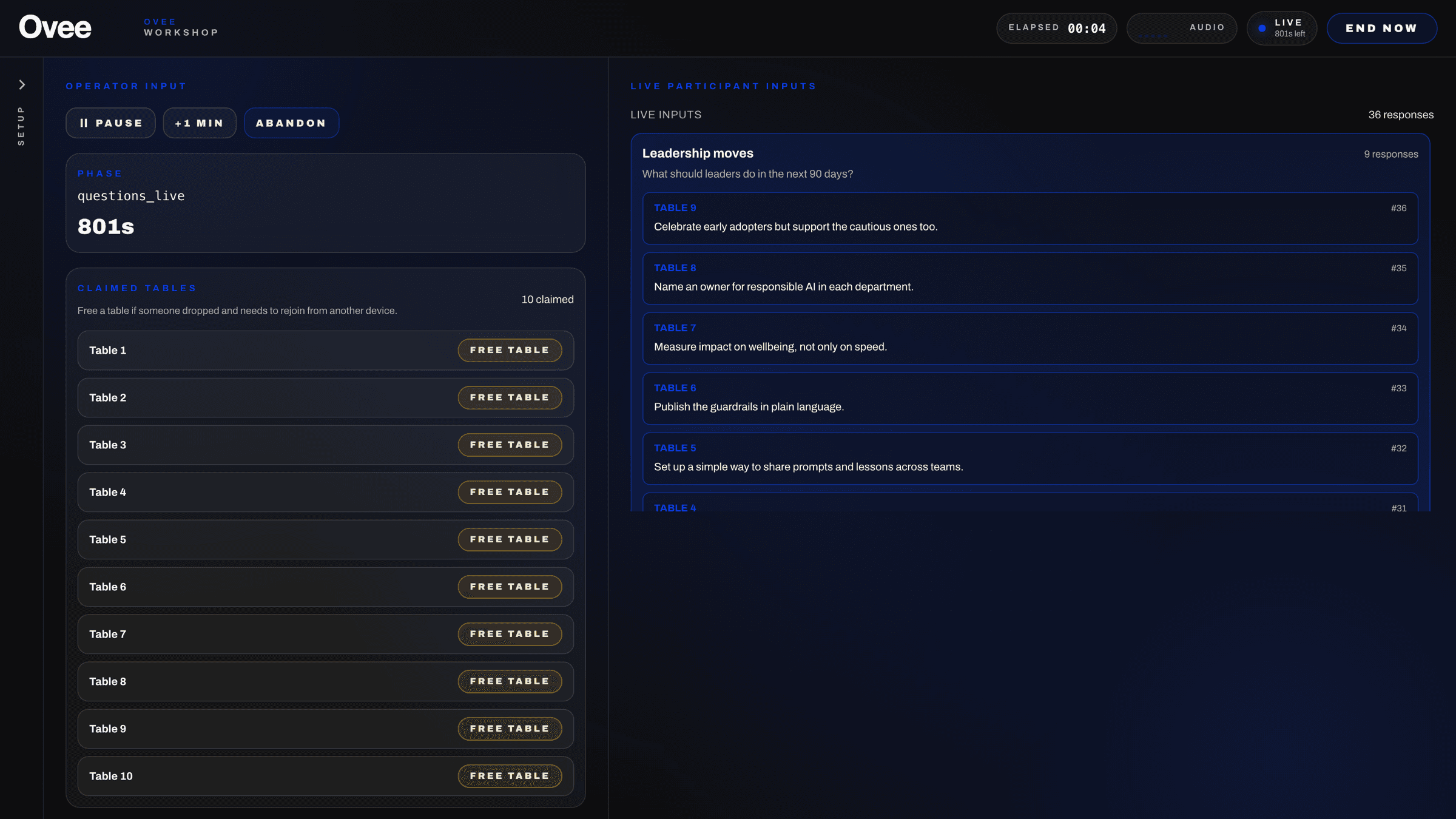 Workshop operator view with ten claimed tables and a live feed of table responses.
