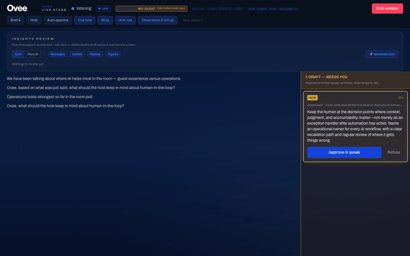 Operator screen with a generated draft waiting for approval or discard.