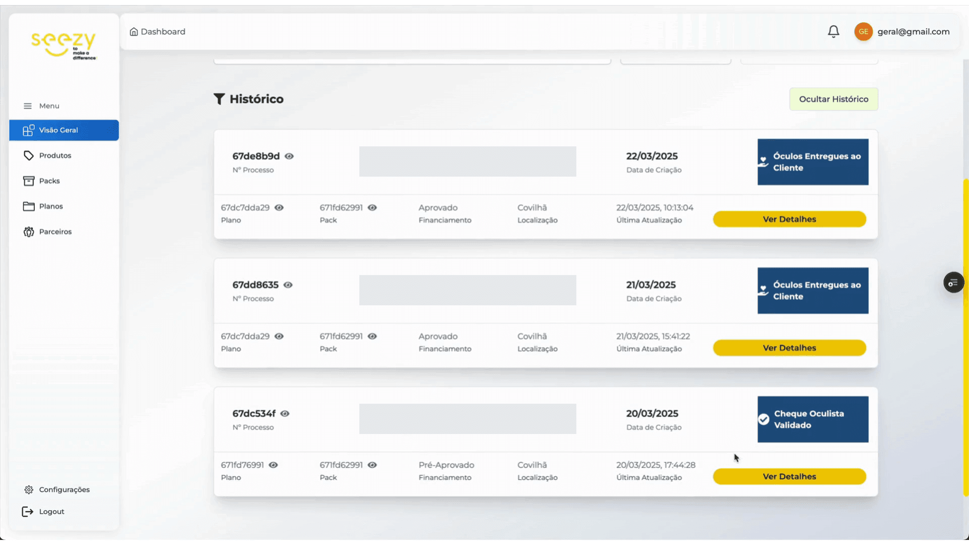 Seezy admin dashboard listing three care-plan processes, each with its plan, pack, financing approval, location and current state, such as glasses delivered to the client or optician voucher validated. Client names and phone numbers are hidden.