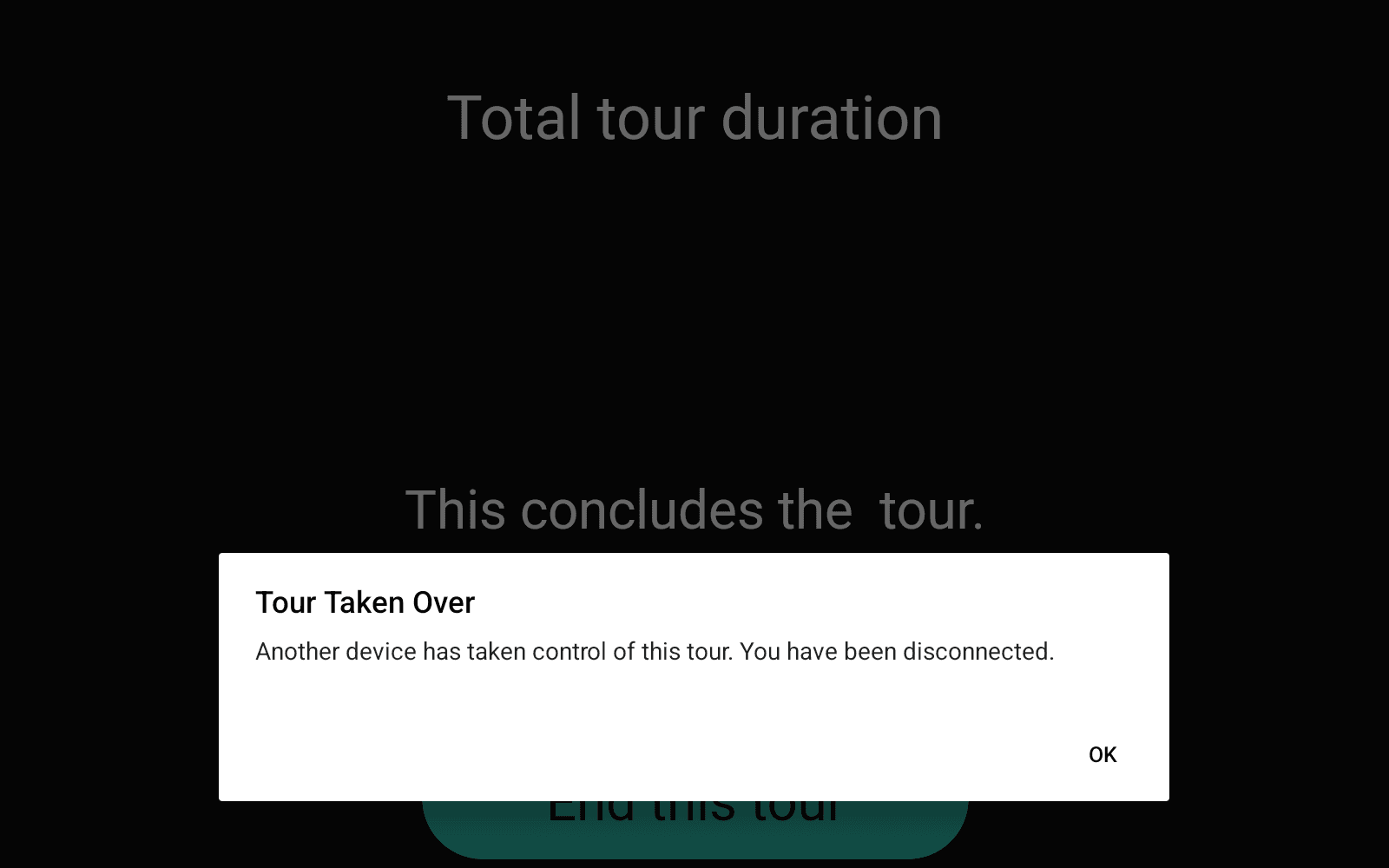 Guide tablet showing a Tour Taken Over dialog: another device has taken control of this tour.