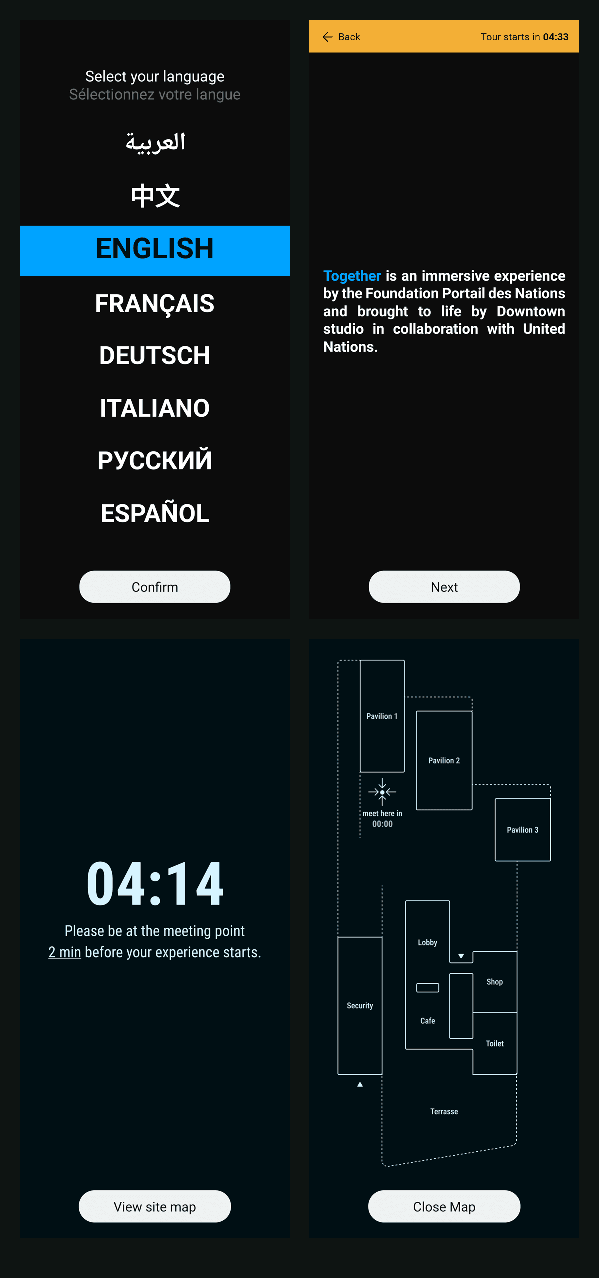 Four audio-guide screens: language choice with eight languages, the welcome screen, a lobby countdown asking visitors to be at the meeting point, and the site map of the three pavilions.